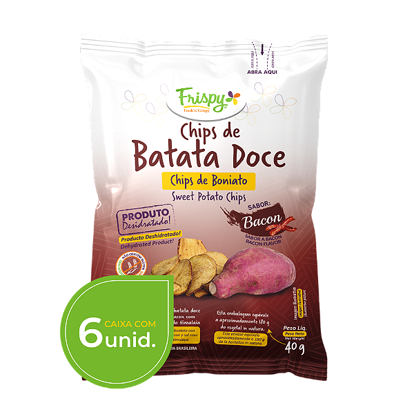 Caixa com 06 pct - Chips de batata doce sabor bacon Frispy integral 40g