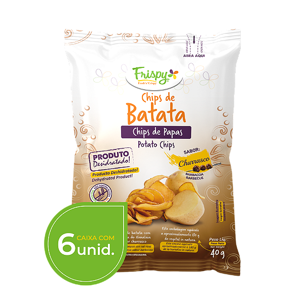 Caixa com 06 pct - Chips de batata sabor churrasco Frispy integral 40g