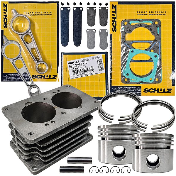 Kit Reparo do Compressor Schulz CSL 10 e CSL 15 BR Bravo - Completo - Cilindro, Pistões, Anéis, Bielas, Juntas, Palhetas