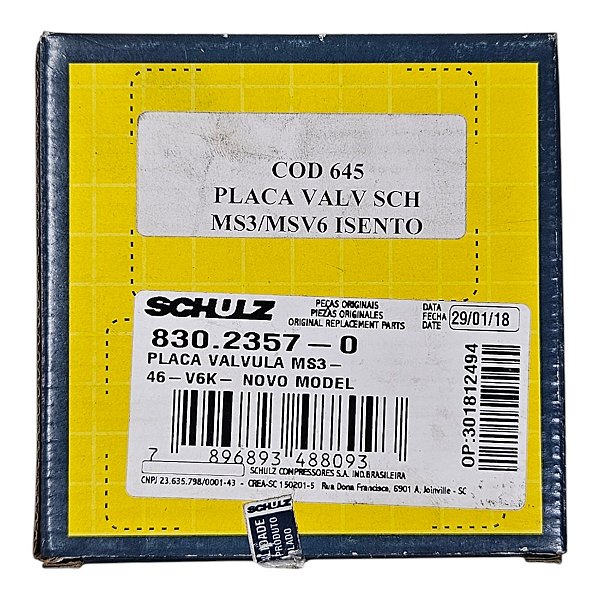 Placa de Válvula Schulz MS 3 / MSV 6 / 5.2 / 8 VL - Fora de Linha (830.0654-0 - 830.2357-0) - P2.G14