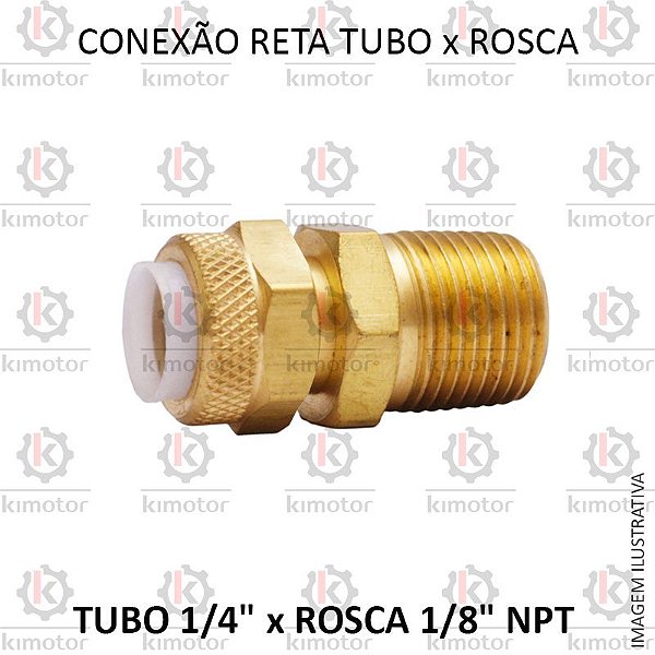 Conexão Reta em Latão - 1/8 M x 1/4 A - NPT - Anilha Plástica