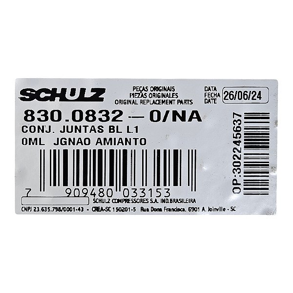 Jogo de Juntas Compressor Schulz CSL 6 BR e MSL 10ML Mundial (830.0832-0/NA)
