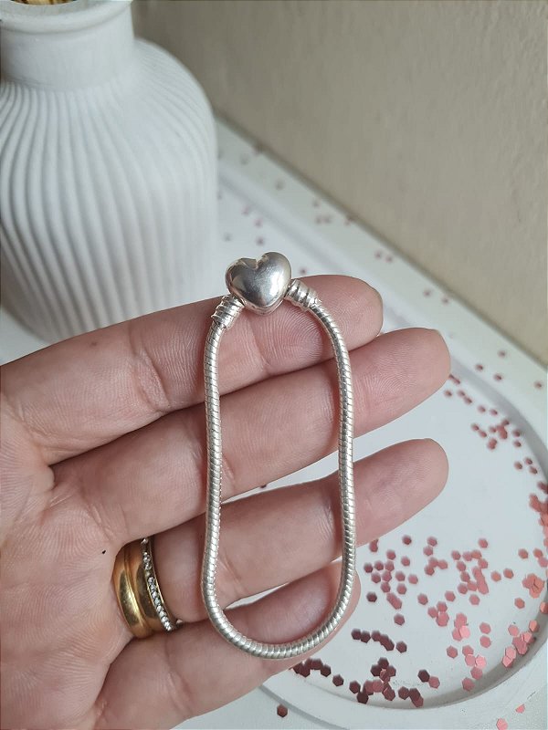 Pulseira de berloques com fecho de coração de 14 cm banhada a prata