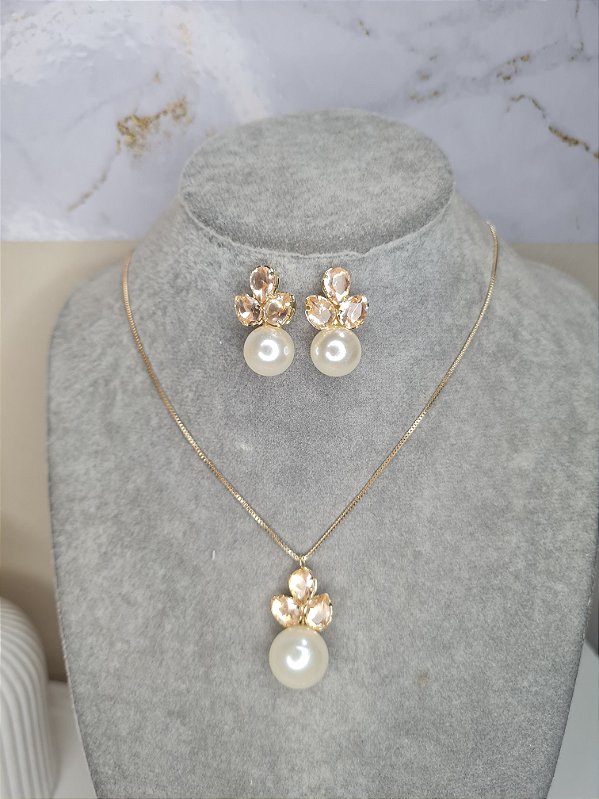 Brinco de pérola com pedras morganita