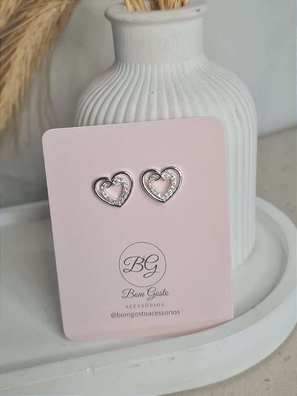 Brinco coração cravejado prata