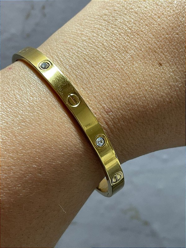 Bracelete Love com Zircônias Dourado em Aço Inox
