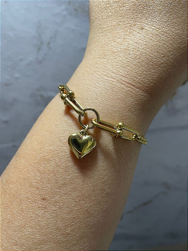 Pulseira dourada com pingente de coração Aço Inox