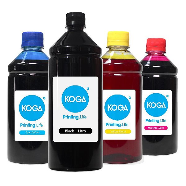 Kit 4 Tintas Epson Bulk Ink L3250 Black 1 Litro Coloridas 500ml Koga