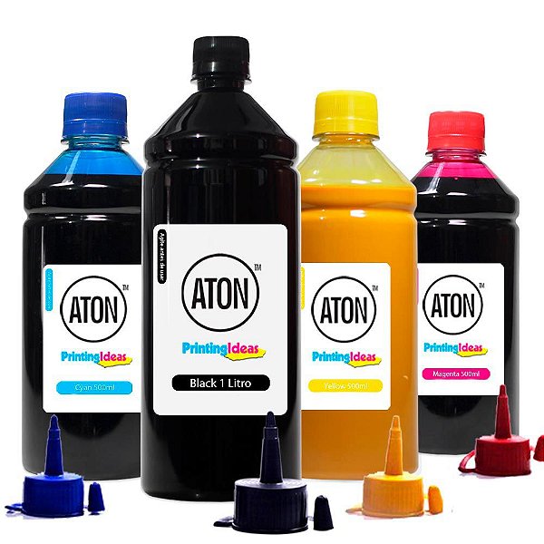 Kit 4 Tintas para Epson Universal Black 1L Color 500ml Aton Pigmentada