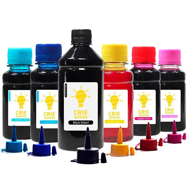 Kit 6 Tintas para Epson L1800 Crie Sempre Black 500ml Coloridas 100ml