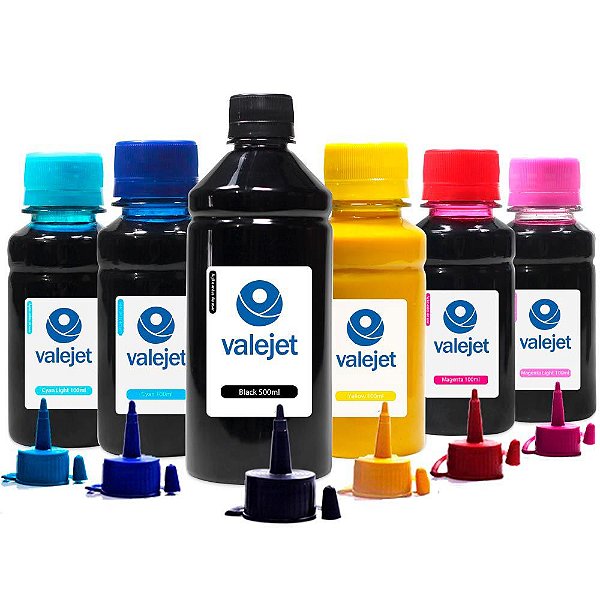 Kit 6 Tintas Sublimáticas para Epson L1800 Black 500ml Color 100ml Valejet