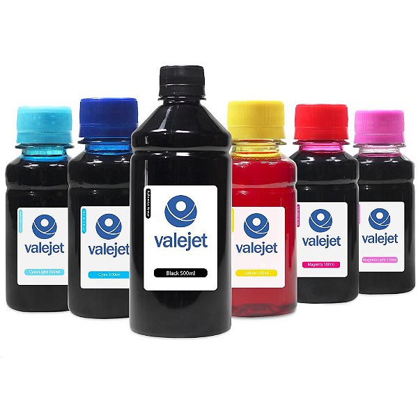 Kit 6 Tintas para Epson Bulk ink T673 Black 500ml Coloridas 100ml Valejet