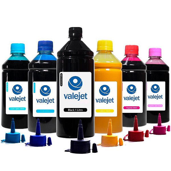 Kit 6 Tintas para Epson L800 Black 1 Litro Coloridas 500ml Pigmentada Valejet