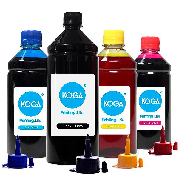 Kit 4 Tintas para Epson EcoTank L200|L355 Black 1 Litro Color 500ml Corante Koga