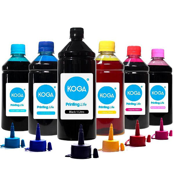 Kit 6 Tintas para Epson L800 Black 1 Litro Color 500ml Corante Koga
