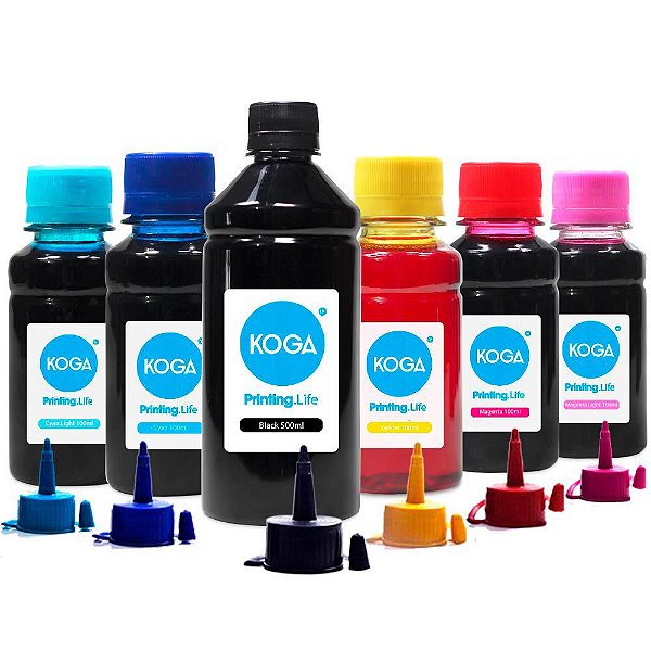 Kit 6 Tintas para Epson L800 Black 500ml Color 100ml Corante Koga