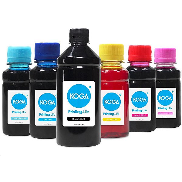 Kit 6 Tintas para Epson T673 Black 500ml Coloridas 100ml Corante Koga