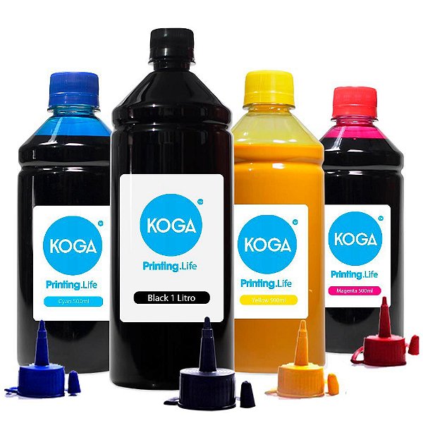 Kit 4 Tintas para Epson Bulk Ink Sublimática T664 Black 1 Litro e Coloridas 500ml Koga