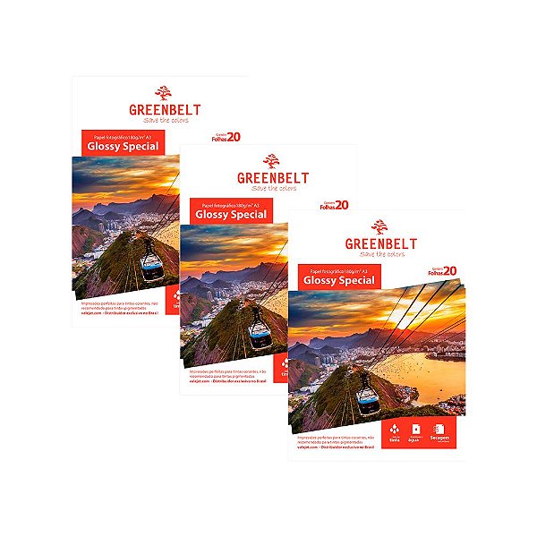 Kit 3 Pacotes de 20 folhas Papel Fotográfico A3 Glossy 180gr Greenbelt