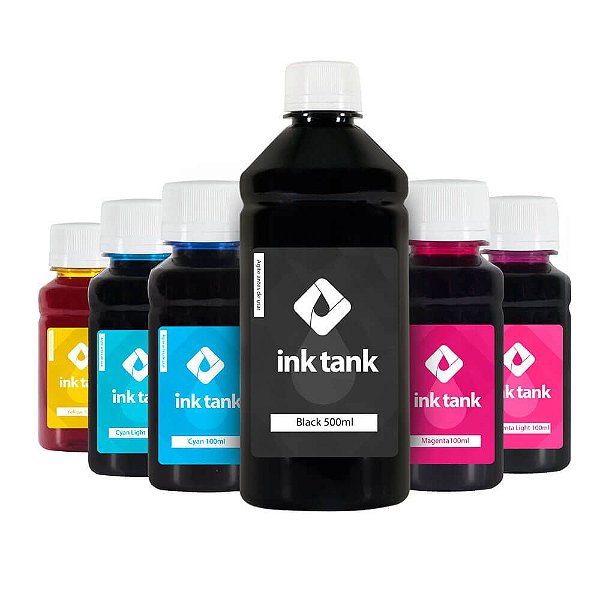 KIT 6 TintaS Corantes para Epson L800 Bulk Ink Black 500 ml Coloridas + Light 100 ml - Ink Tank