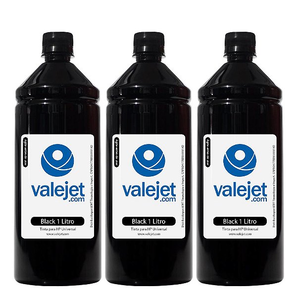 Kit 3 Refil de Tinta para HP Universal Black 1 Litro Valejet