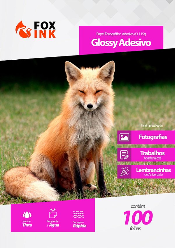 Papel Fotográfico Glossy Adesivo A3 115g Fox Ink 100 Folhas