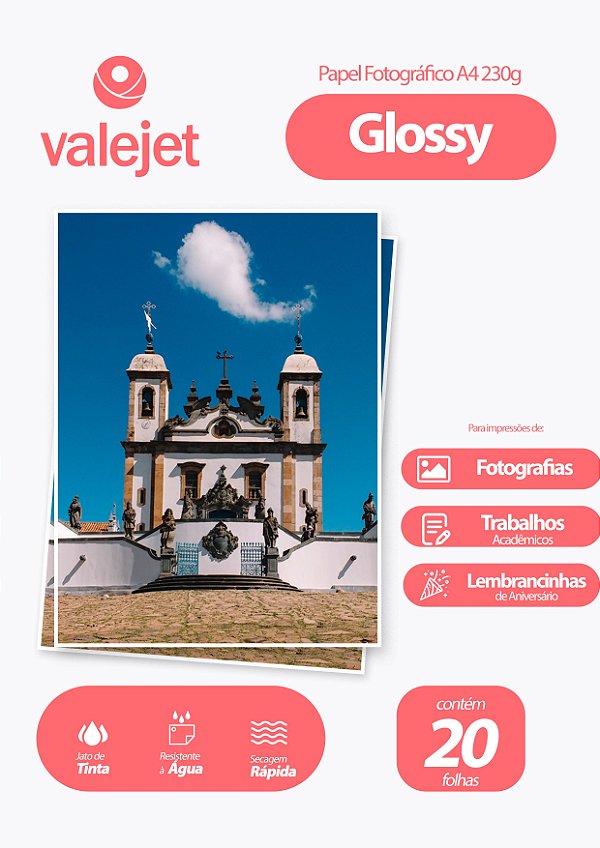 Papel Fotográfico Glossy A4 230g Valejet 20 Folhas