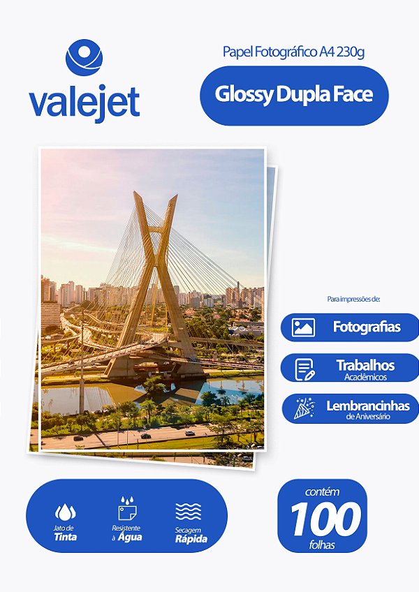 Papel Fotográfico Glossy Dupla Face A4 230g Valejet 100 Folhas