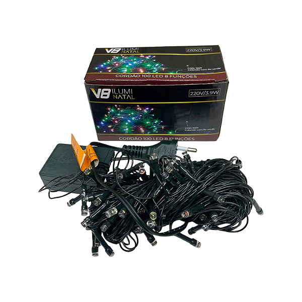 CORDAO 100 LEDS 8 FUNÇÃO COLORIDO 220V FIO VD 10M BRILLIANT