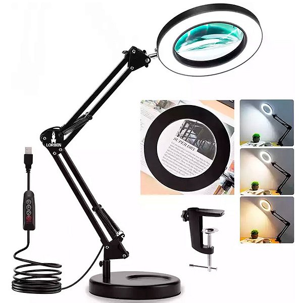 Lupa Luminária Lorben 10x Articulável Led Ring Light 16cm Diâmetro Garra Base