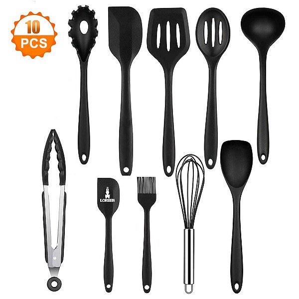 Kit com 10 Peças Utensílios de Cozinha Lorben Antiaderente Aço Inox Silicone