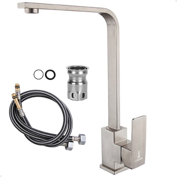 Torneira Monocomando Misturador Lorben Bancada Cozinha Bica Alta Quadrada Aço Inox