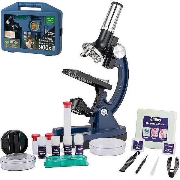 Kit Microscópio Biológico Infantil 28 Peças Lorben Educacional Portátil 100x 400x 900x com Maleta