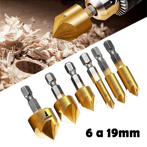 Jogo com 6 Brocas Escareadoras Lorben Chanfrar Madeira Alumínio 6mm a 19mm