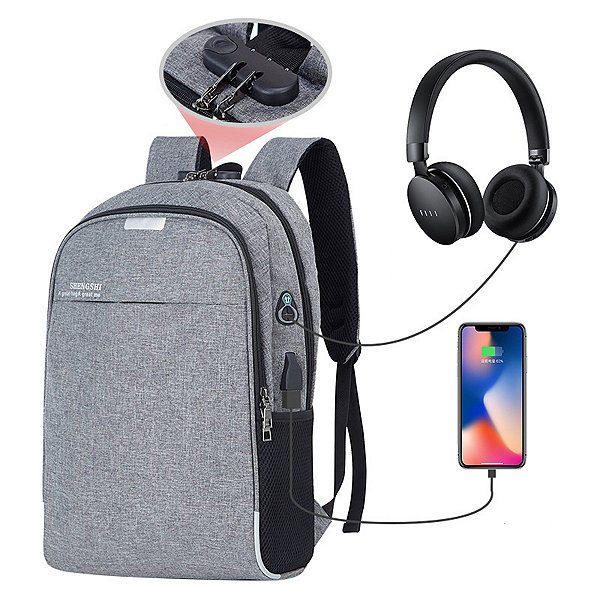 Mochila Notebook com Cadeado Anti Furto Lorben Saída Cabo Auxiliar USB Fone Ouvido