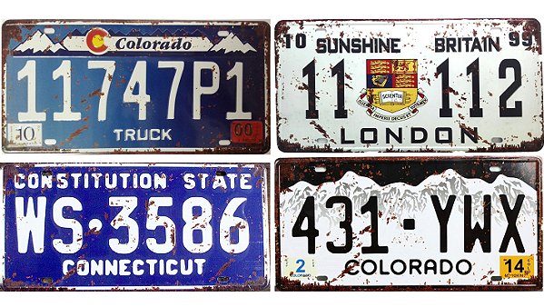 Kit com 4 Placas de Carro Decorativas em Metal Modelo Vintage Antigas 15x30cm Lorben