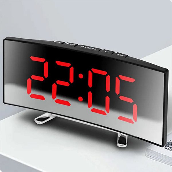 Relógio Digital Led Lorben Alarme Curvado Espelhado Mesa Criado Mudo Cabeçeira
