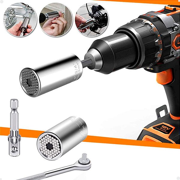 Kit Gator Grip Soquete Universal Catraca Adaptador Lorben Chave Mágica Reversível 7 a 19mm