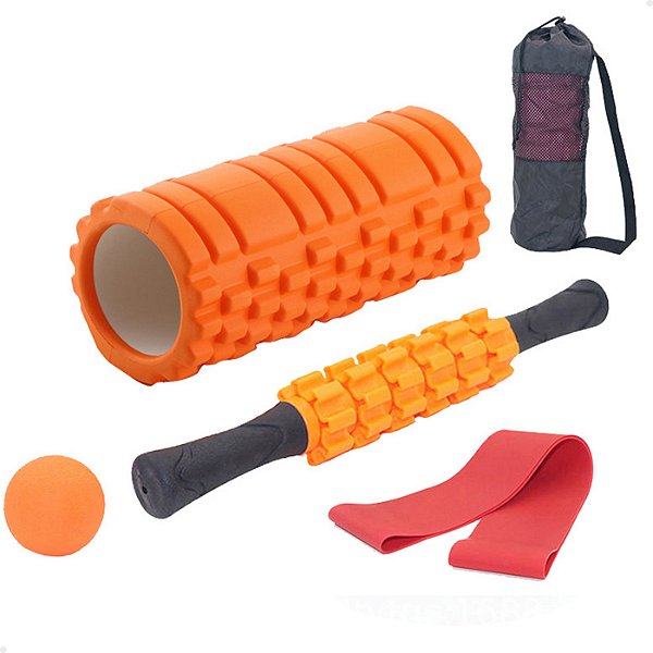 Kit Completo 4x1 Lorben Rolo de Massagem Bastão Miosfascial Bola Lacrosse Faixa Elástica Band Bolsa