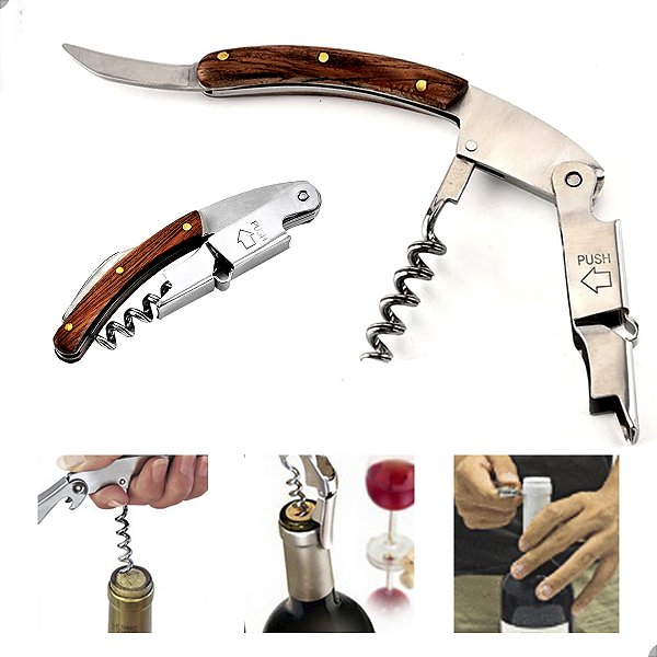 Saca-rolhas Abridor de Vinho Garrafas Profissional Manual Aço Inox 2 Estágios Lorben