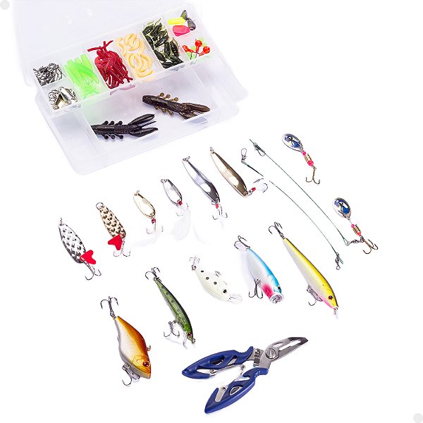 Kit Pesca Iscas Artificiais + Alicate + Estojo 101 Peças