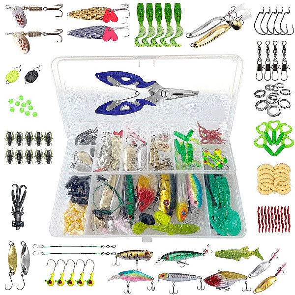 Kit Pesca Iscas Artificiais + Alicate + Estojo 110 Peças