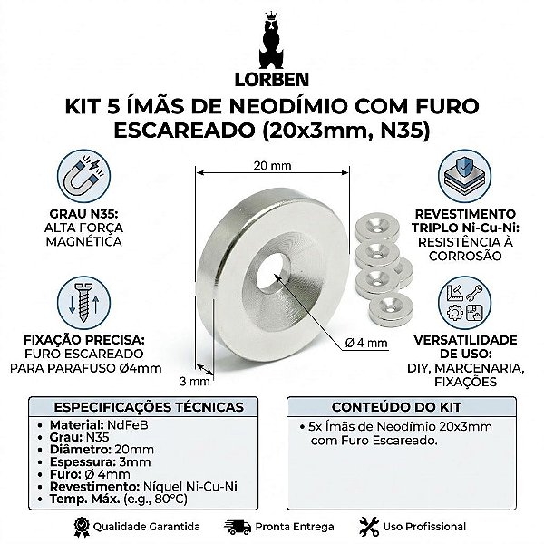 Kit com 5 Peças Ímã de Neodímio 20x3mm N35 Disco com Furo