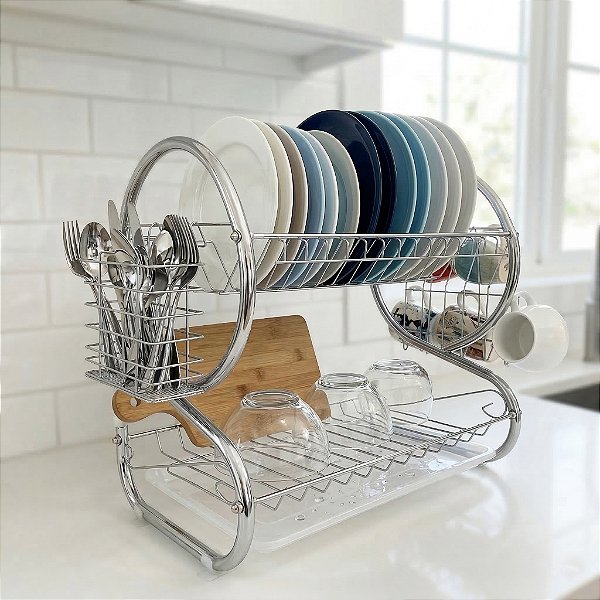 Escorredor De Louças 2 Andares Cromado Com Bandeja E Porta Talher