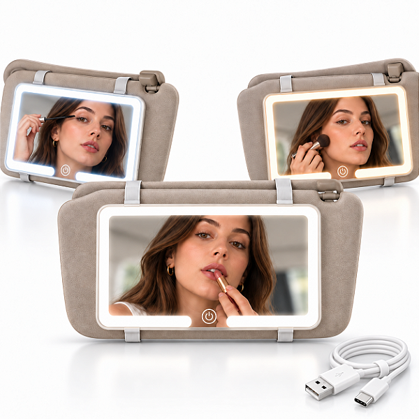Espelho para Quebra-Sol Carro LED Touch 3 Cores USB-C portatil Branco