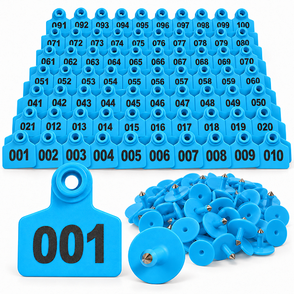 Kit com 100 Etiquetas Auriculares para Gado, Porcos e Ovelhas – Numeradas de 001 a 100, em TPU azul com Pino Metálico