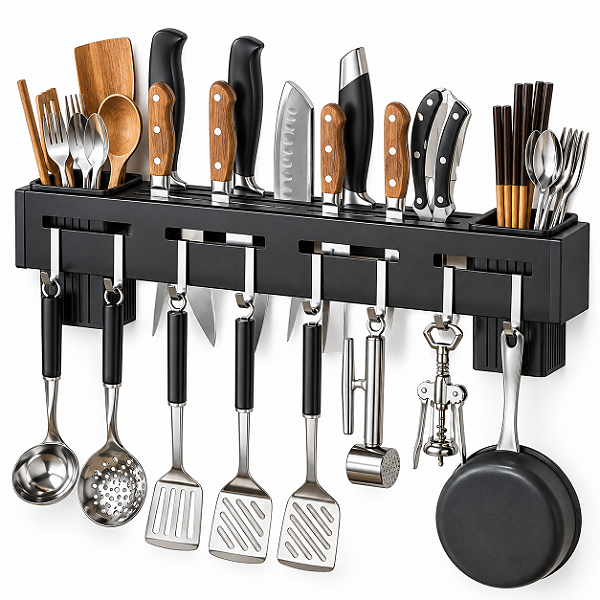 Suporte Organizador de Parede para Cozinha com Porta-Facas e Ganchos