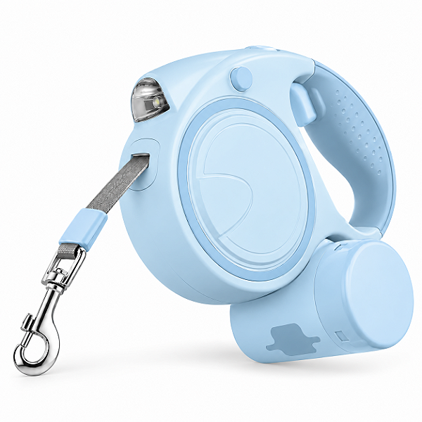 Guia Retrátil Cachorro azul 5m Até 25kg LED Com Porta Cata Caca