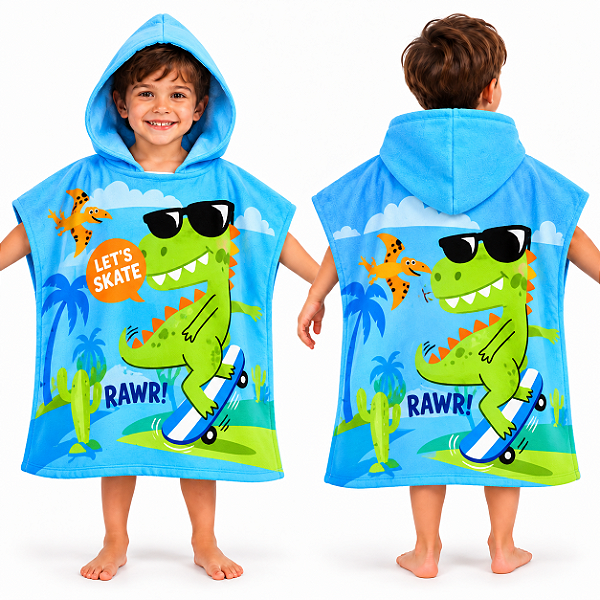 Toalha Poncho Infantil Capuz Dinossauro Azul Praia Piscina