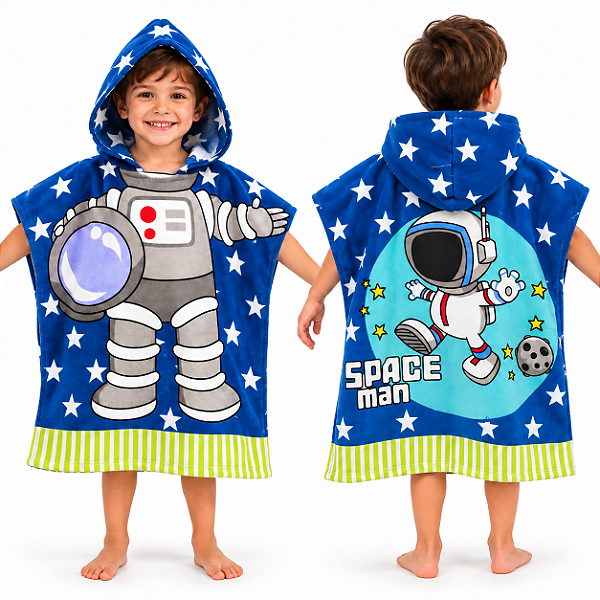 Toalha Poncho Infantil Capuz astronauta Praia Piscina